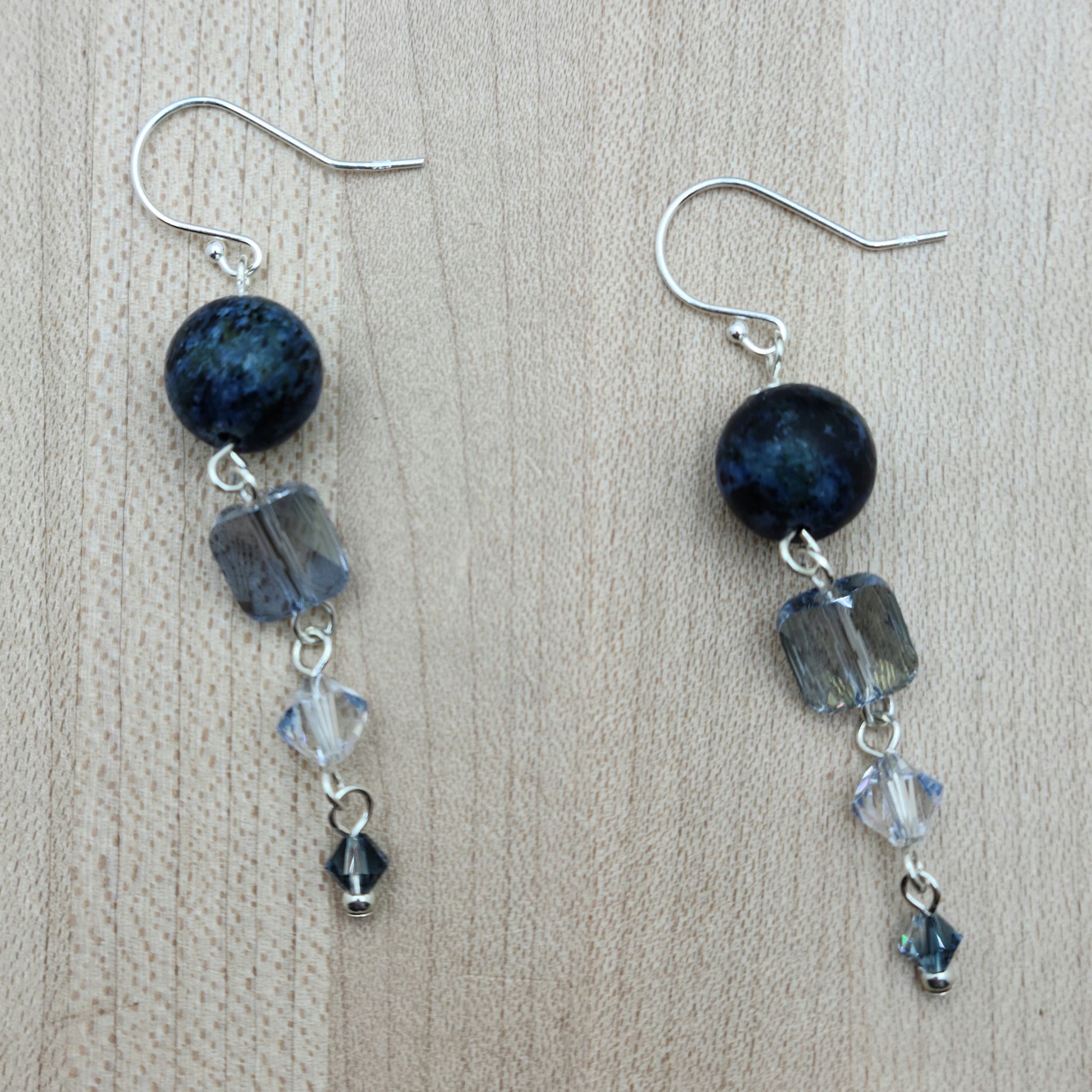 Deep, dark blue chrysocolla stones look great with three different shades of blue crystals. Lots of fun here! sterling silver fish hooks