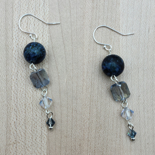 Deep, dark blue chrysocolla stones look great with three different shades of blue crystals. Lots of fun here! sterling silver fish hooks
