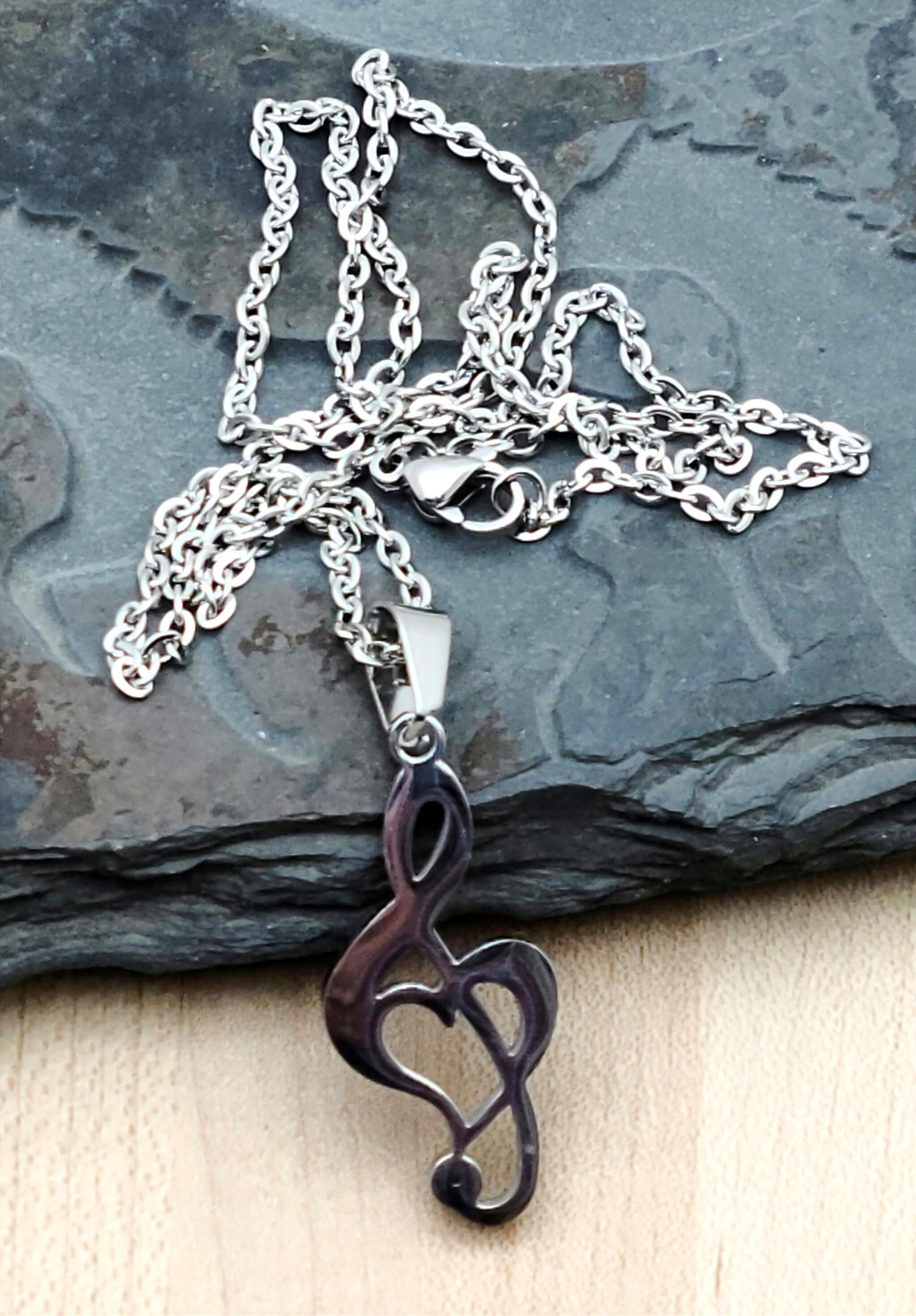 Stainless Steel Treble Clef with Heart  design inclusion Necklace