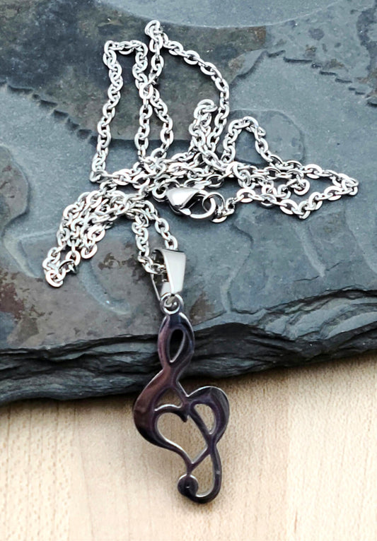 Stainless Steel Treble Clef with Heart  design inclusion Necklace