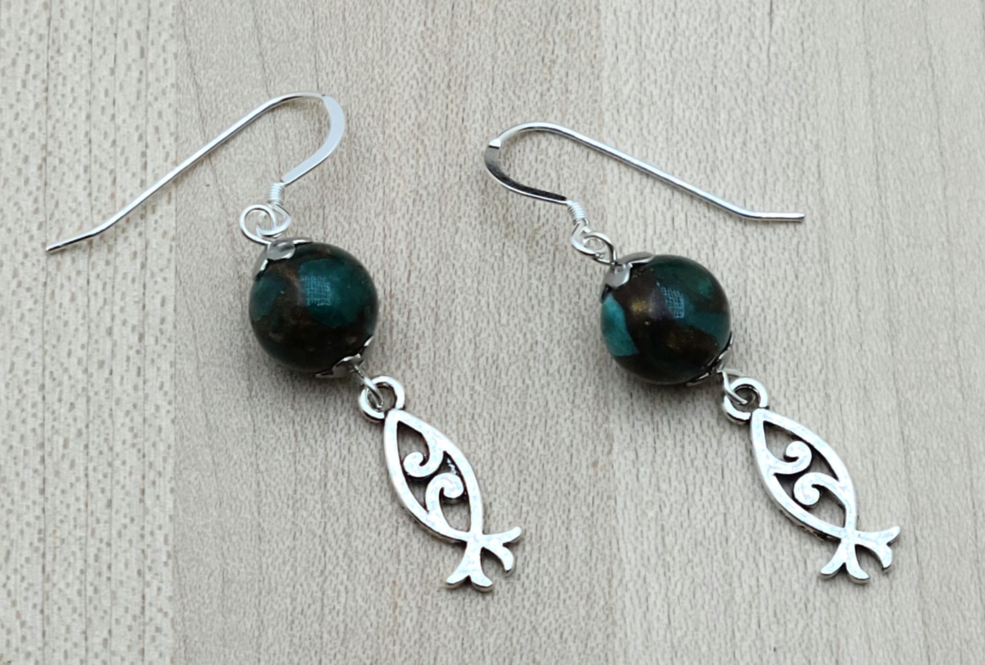 Ichthus & Green Composite Stone Earrings