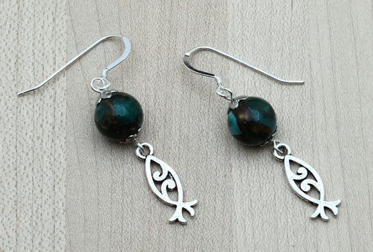 Ichthus & Green Composite Stone Earrings