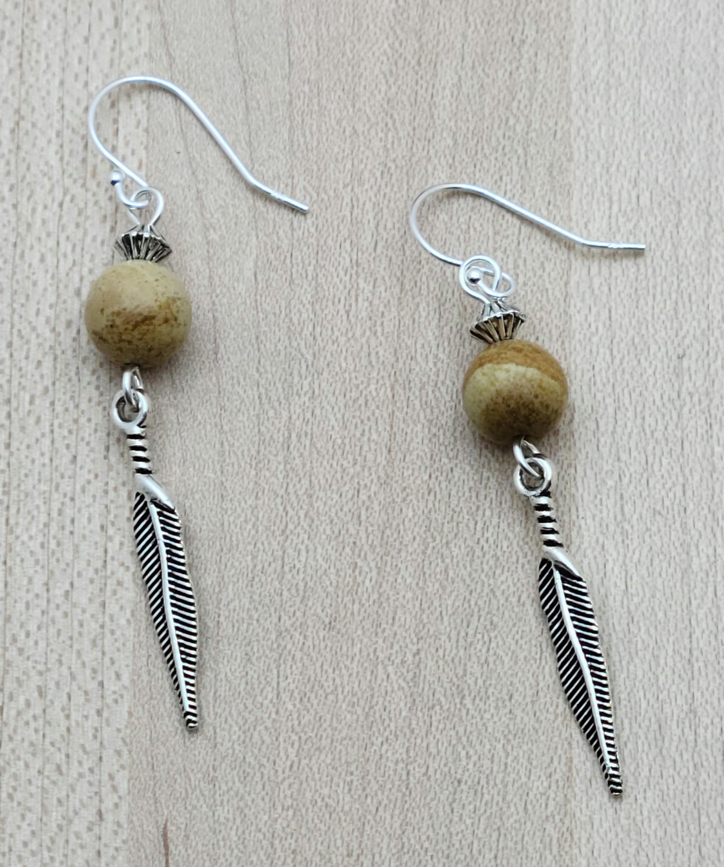 Pewter Feather & Picture Jasper Earrings with sterling silver earwires