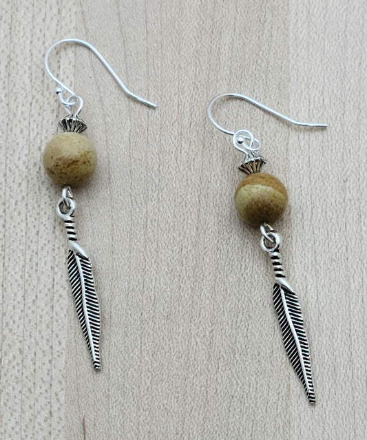 Pewter Feather & Picture Jasper Earrings with sterling silver earwires