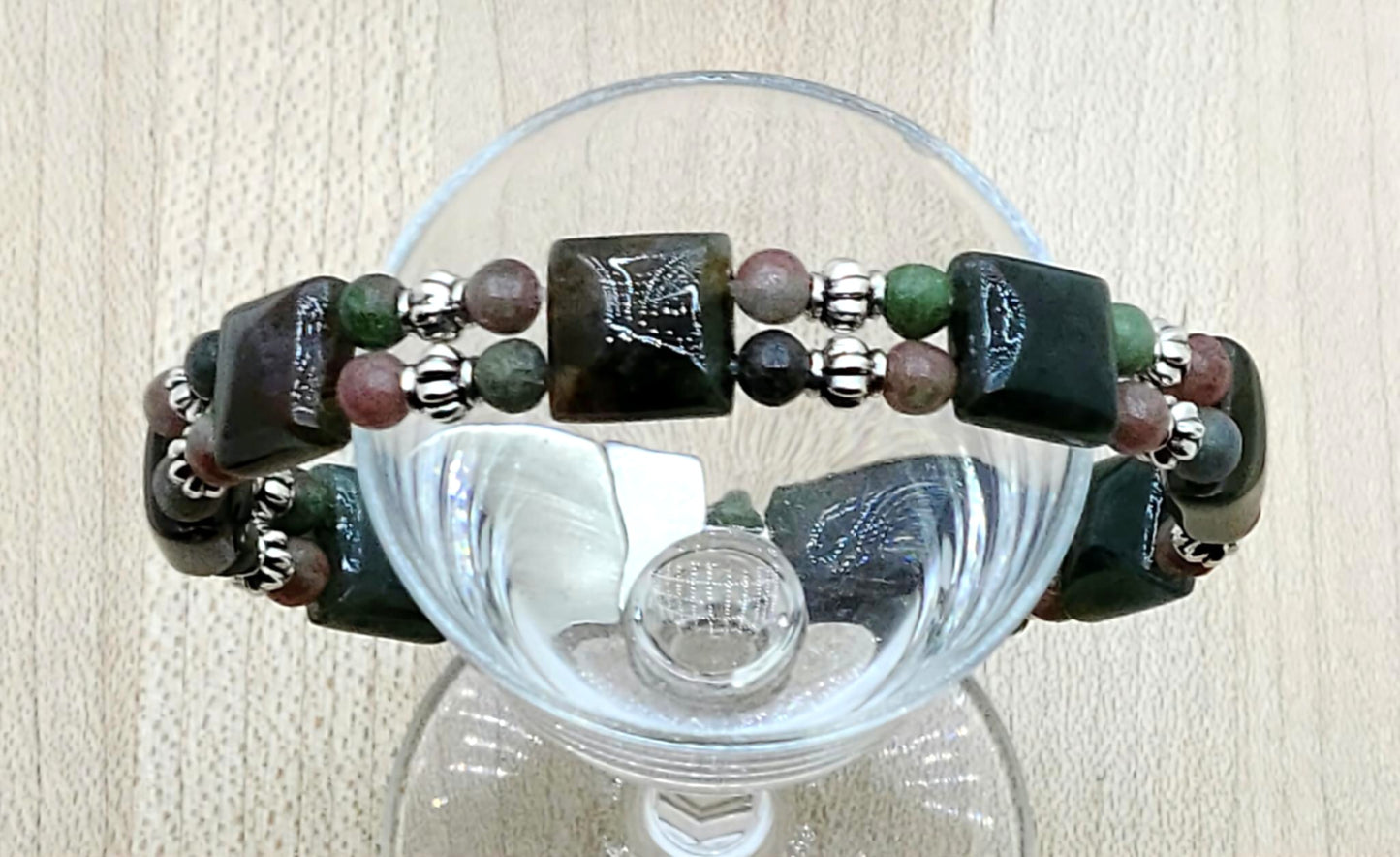 If you're a fan of green & all things earthy, this bracelet is for you! The deep green of the moss agate squares finds a great companion in the muted greens &  roses of Kashgar garnet. Bali style silver pewter beads add just enough brightness.
Neodymium magnetic clasp - these are awesome . . . & VERY strong!