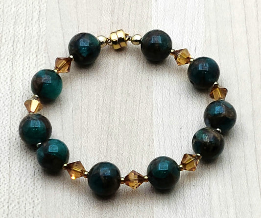 Green & bronze composite stones go great with copper crystals in this bracelet for those who love all things green! Neodymium magnetic clasp - these are awesome.