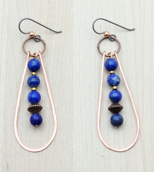 Fun &amp; casual pair up in these hammered copper & lapis lazuli earrings! 3" with niobium (considered hypoallergenic) fish hook ear wires.