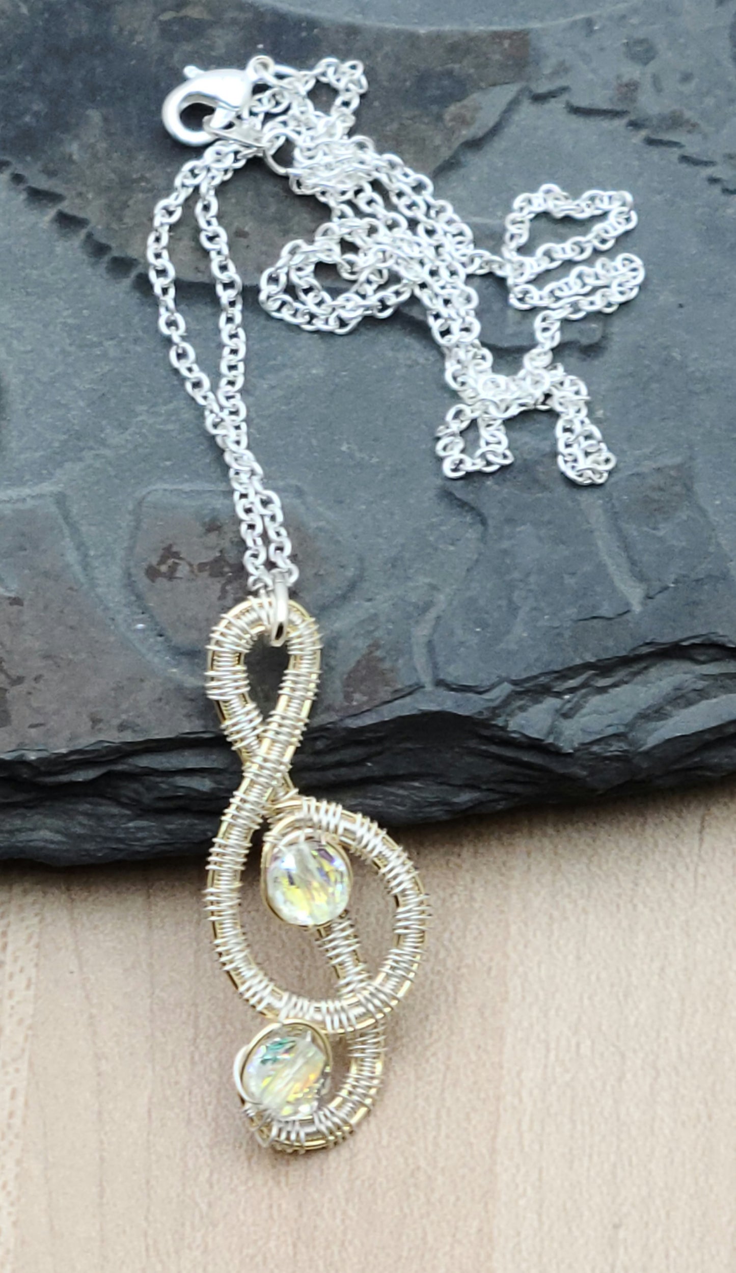 Woven Wire Silver & Gold Copper  & Crystal Treble Clef Pendant