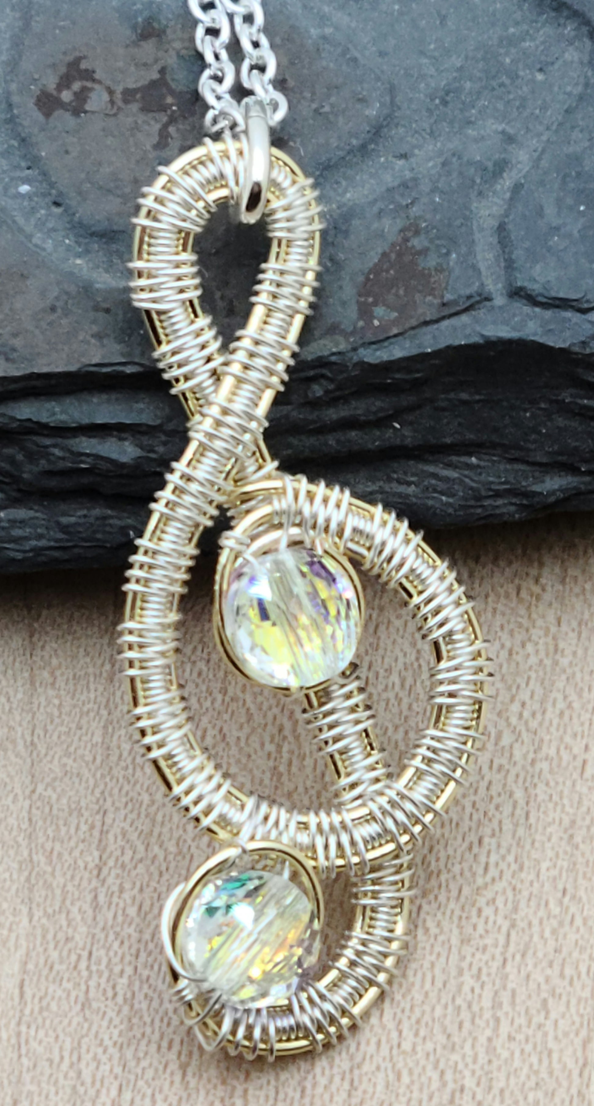 Woven Wire Silver & Gold Copper  & Crystal Treble Clef Pendant