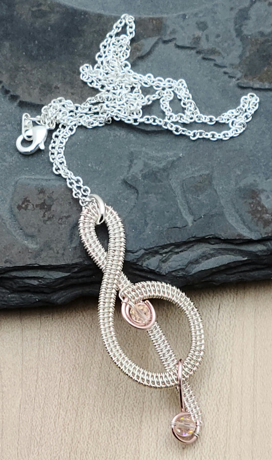 Woven Wire Pale Pink Silk Treble Clef Pendant