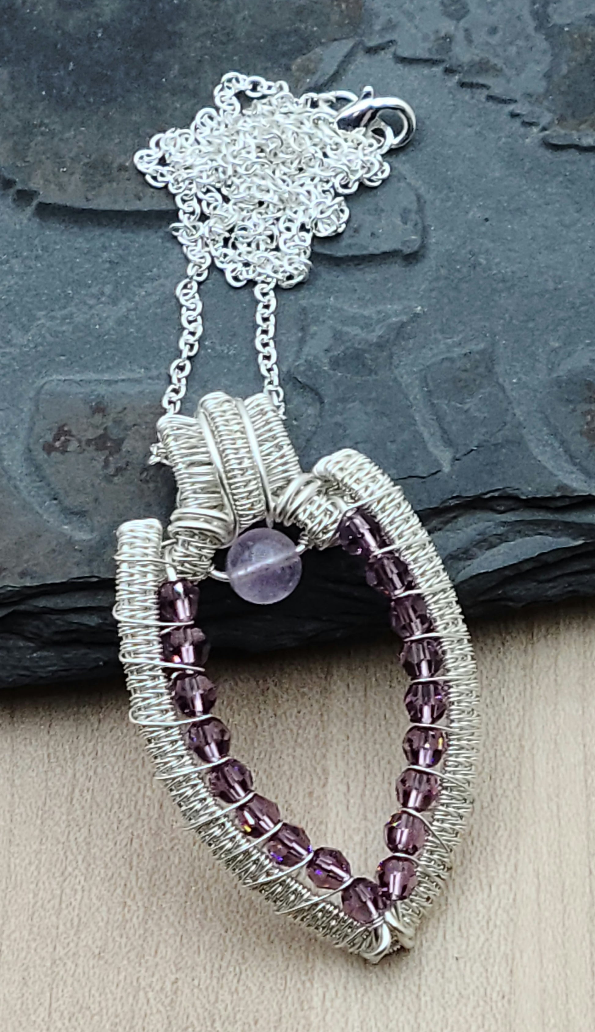 Woven Wire, Amethyst, & Iris Crystal Pendant