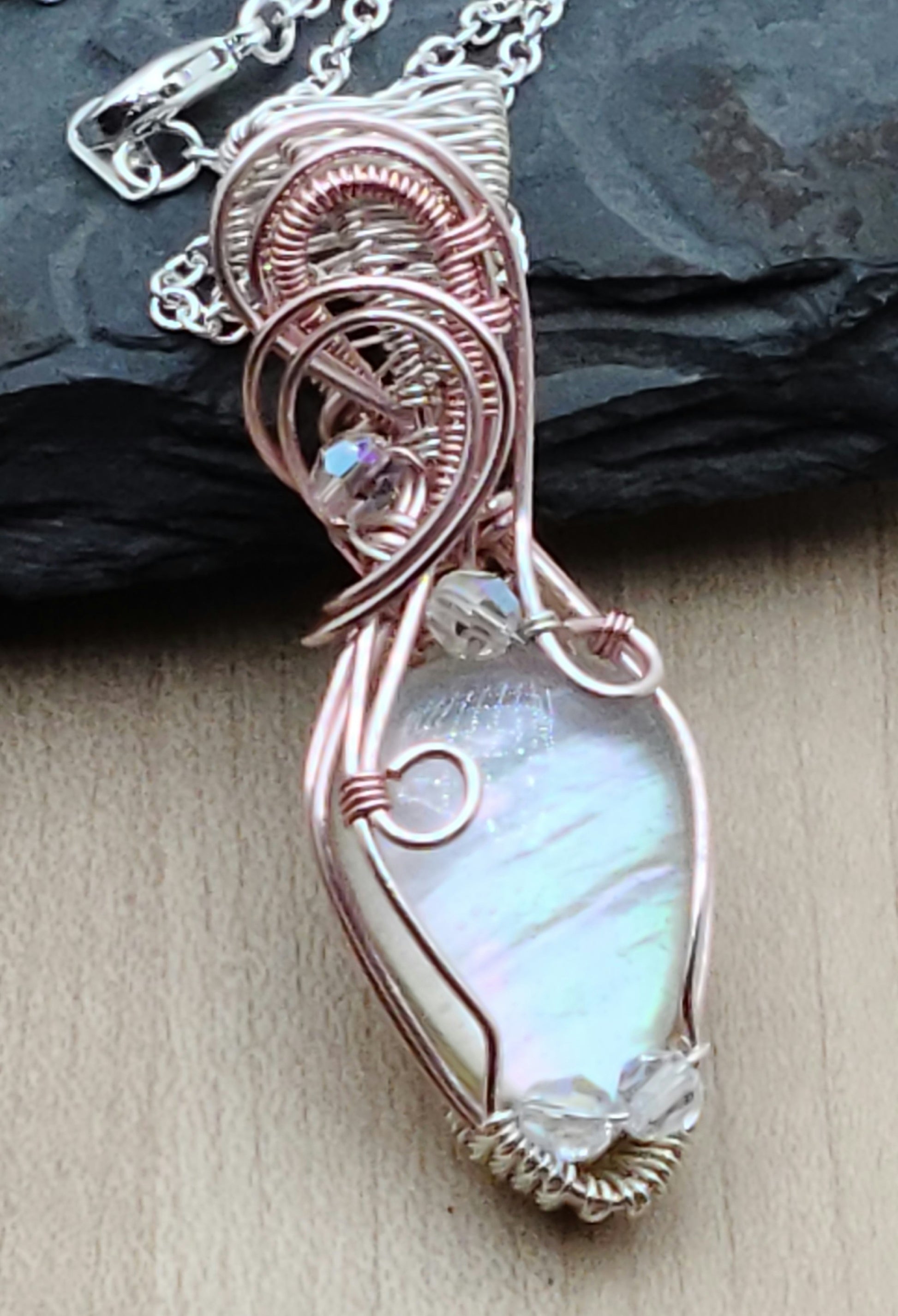 Woven Wire Mother of Pearl & Crystal Pendant with silk & silver wire