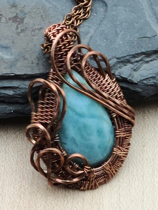 Copper Woven Wire & Dainty Amazonite Pendant