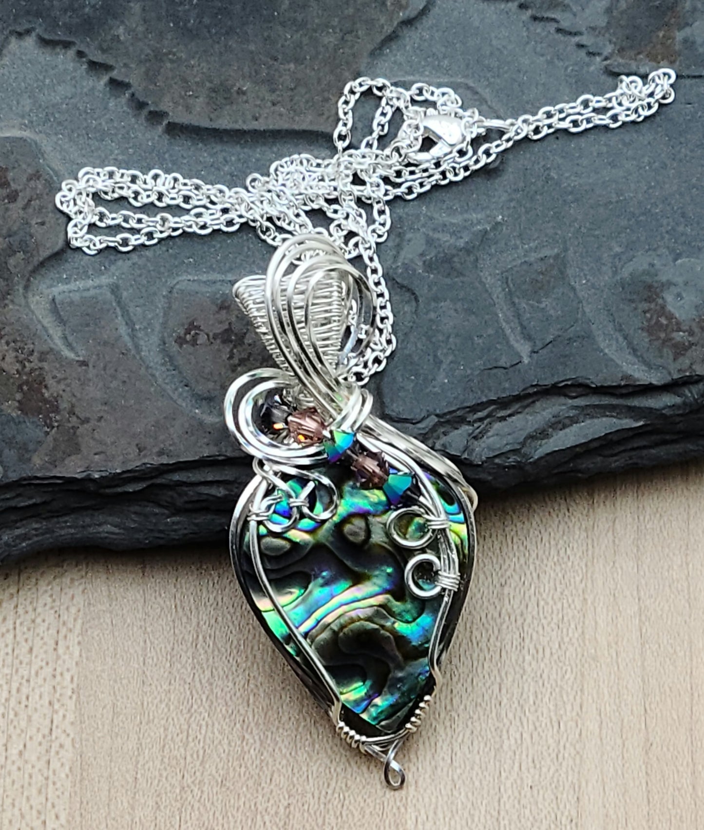 Silver Filled Woven Wire Abalone & Crystal Pendant