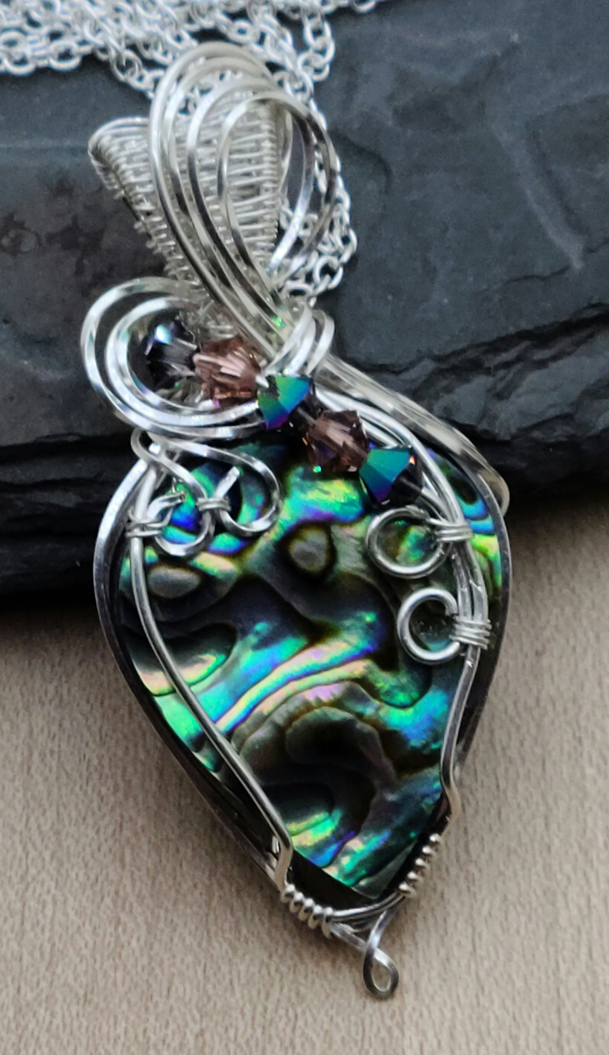 Silver Filled Woven Wire Abalone & Crystal Pendant