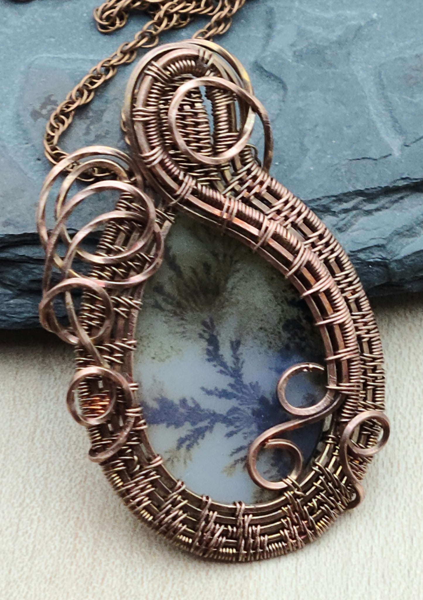 Copper Woven Wire Scenic Agate Pendant