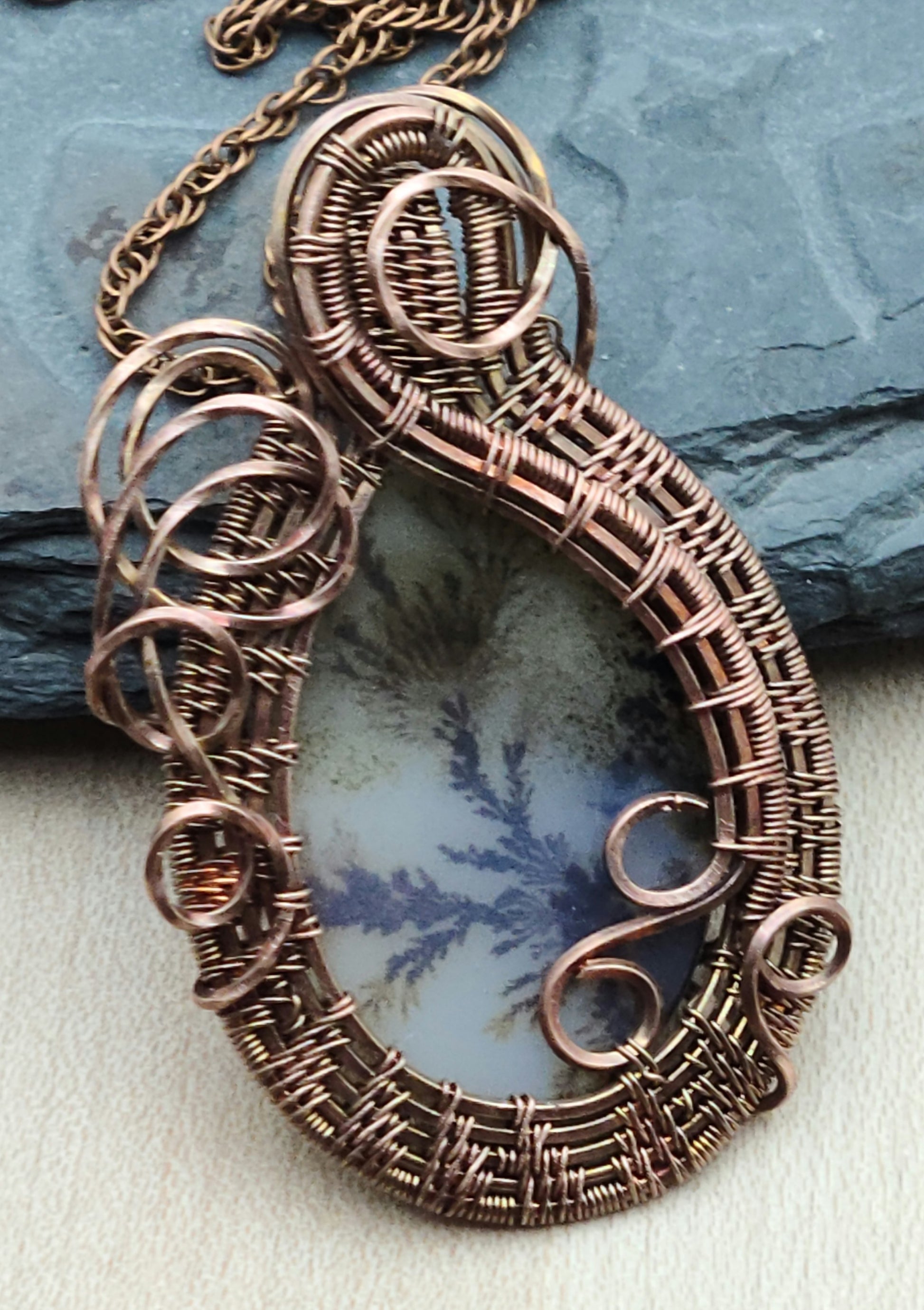 Copper Woven Wire Scenic Agate Pendant