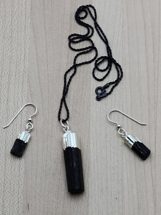 silver leafed Black Tourmaline Pendant & Earrings