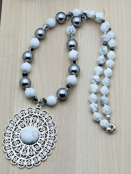 Pewter, Howlite, & Shell Pearl Necklace - silver, grey, white