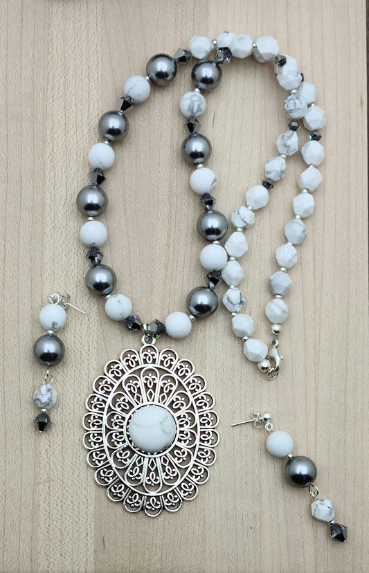 Pewter, Howlite, & Shell Pearl Necklace & Earrings