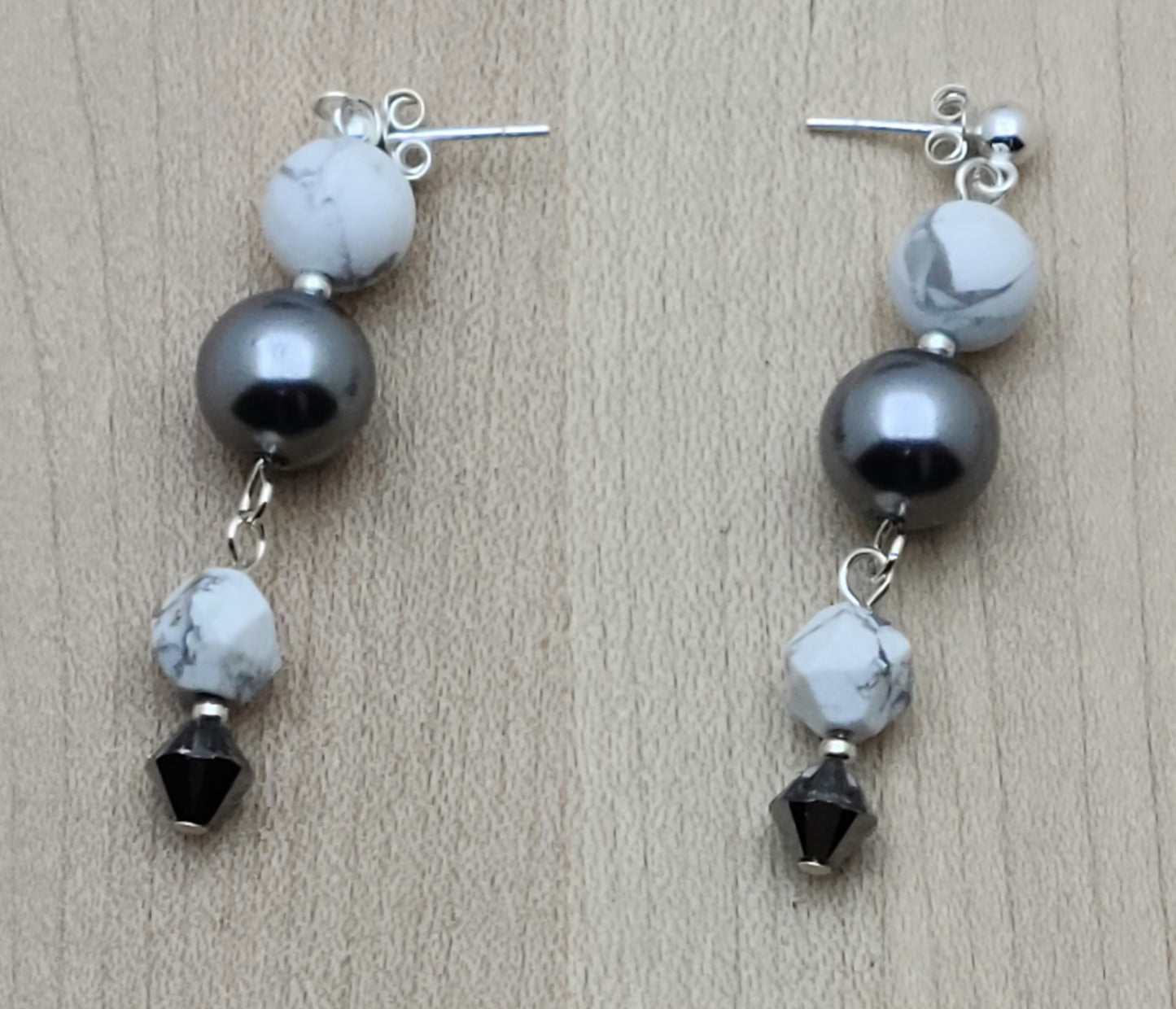 Grey striated white howlite, silver shell pearl, & chrome crystal dangle earrings on sterling silver ball post earring findings