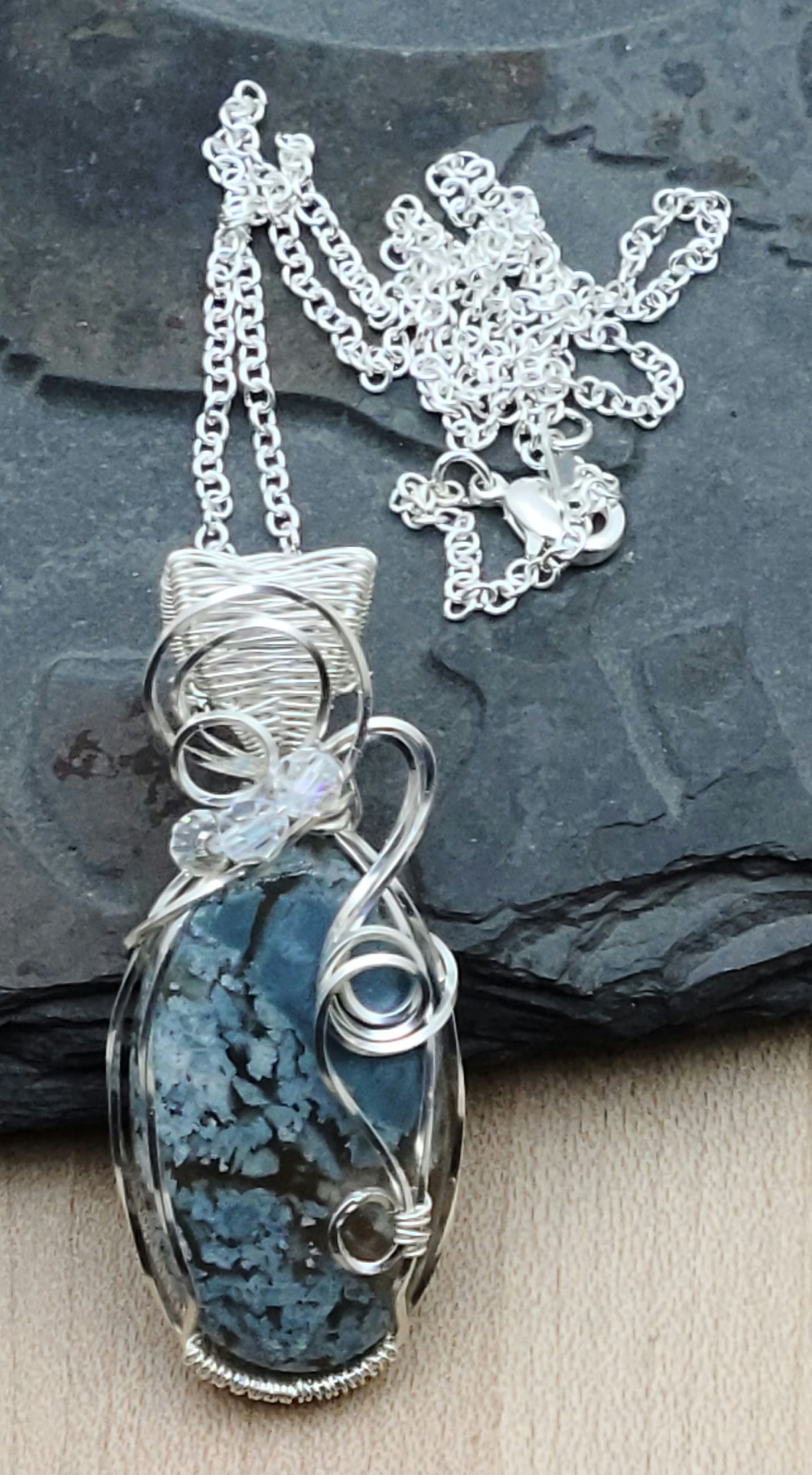 Opal with Chalcedony Cabochon framed with woven silver filled wire and  Embellished with Swarovski® crystals