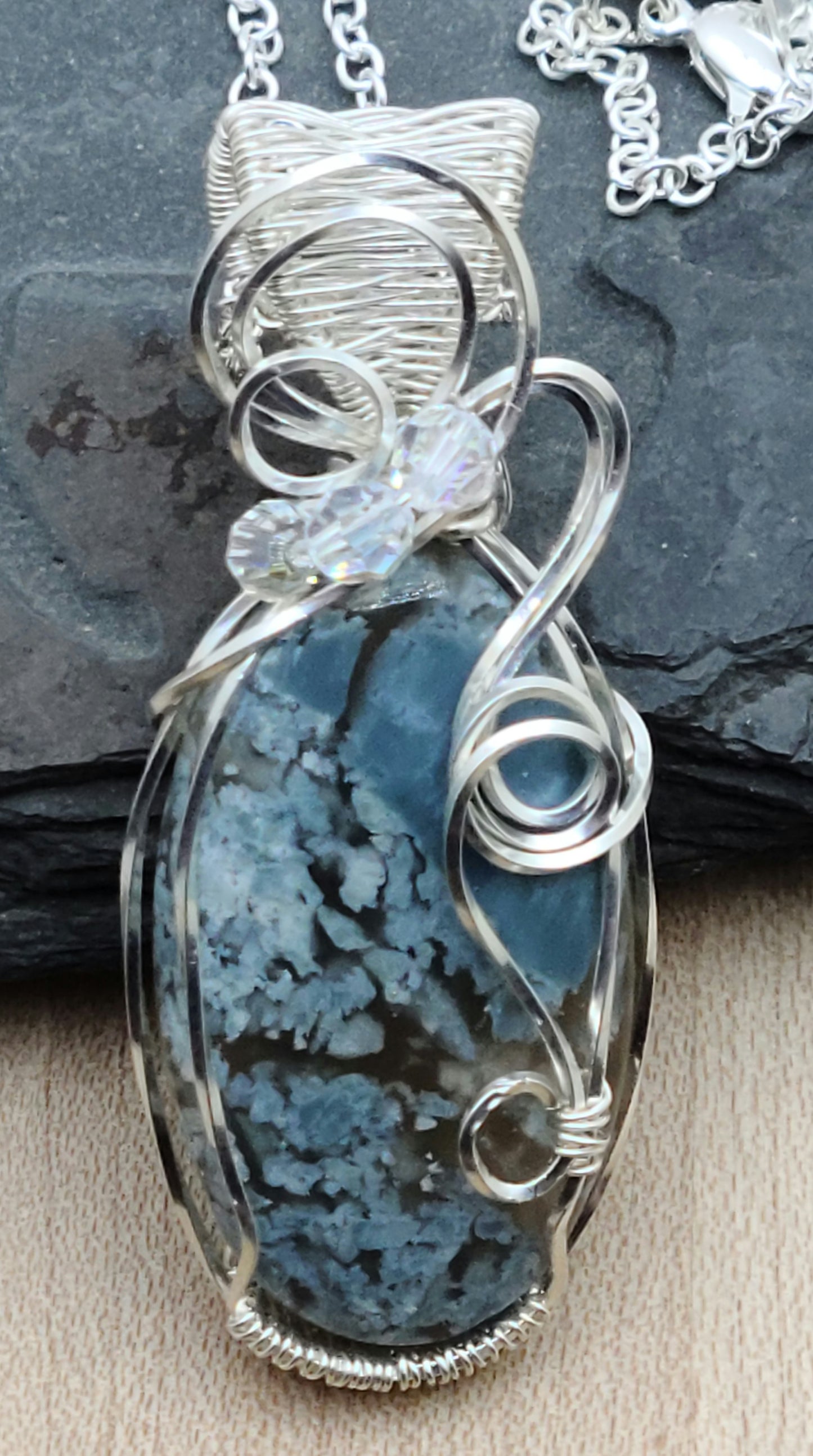 Opal with Chalcedony Cabochon framed with woven silver filled wire and  Embellished with Swarovski® crystals