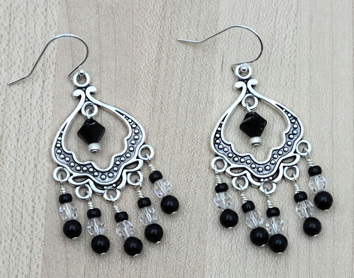 pewter & black crystal chandelier earrings on sterling silver ear wires
