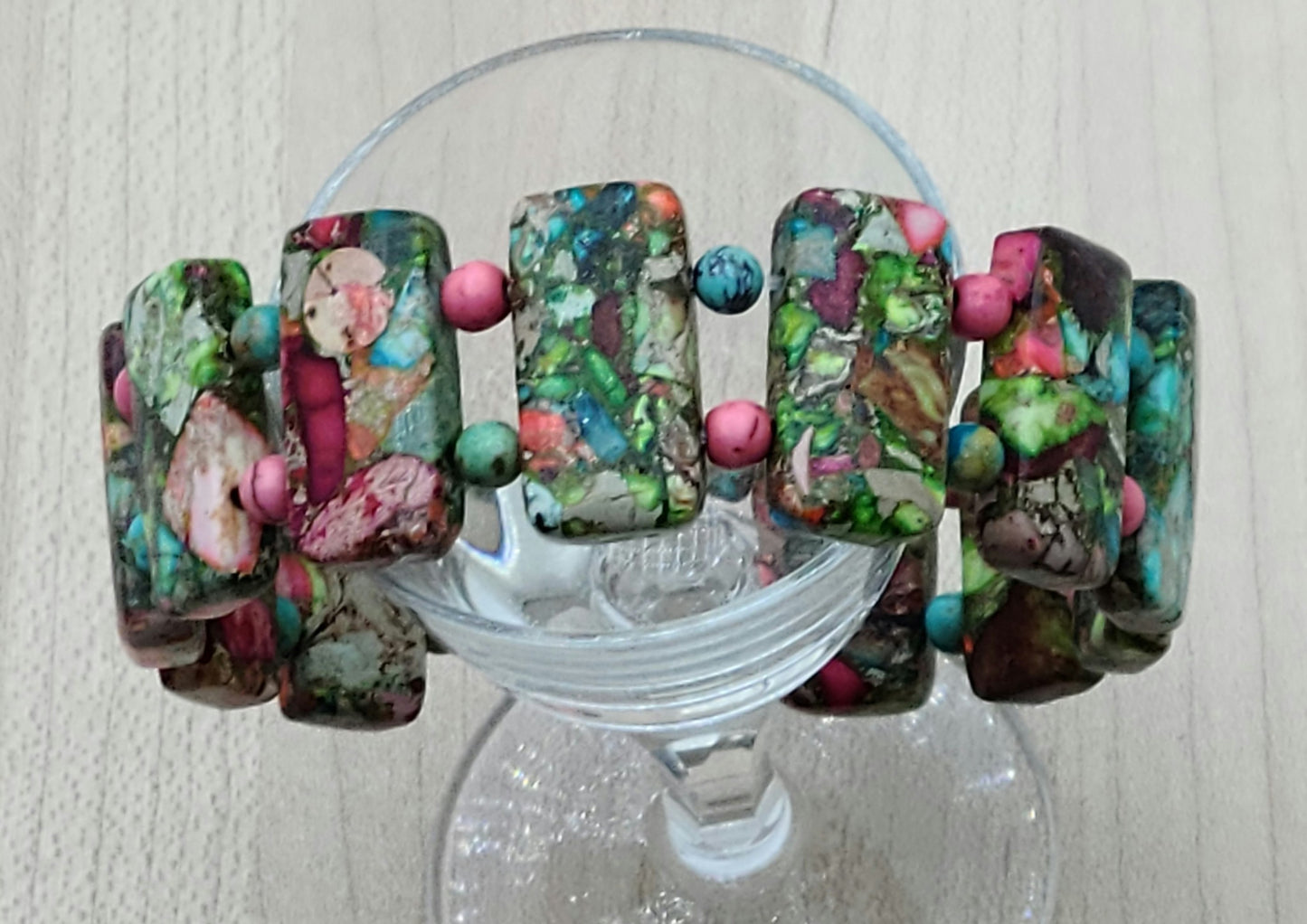 Colorful Variscite Double Drilled Bracelet with neodymium magnetic closure.