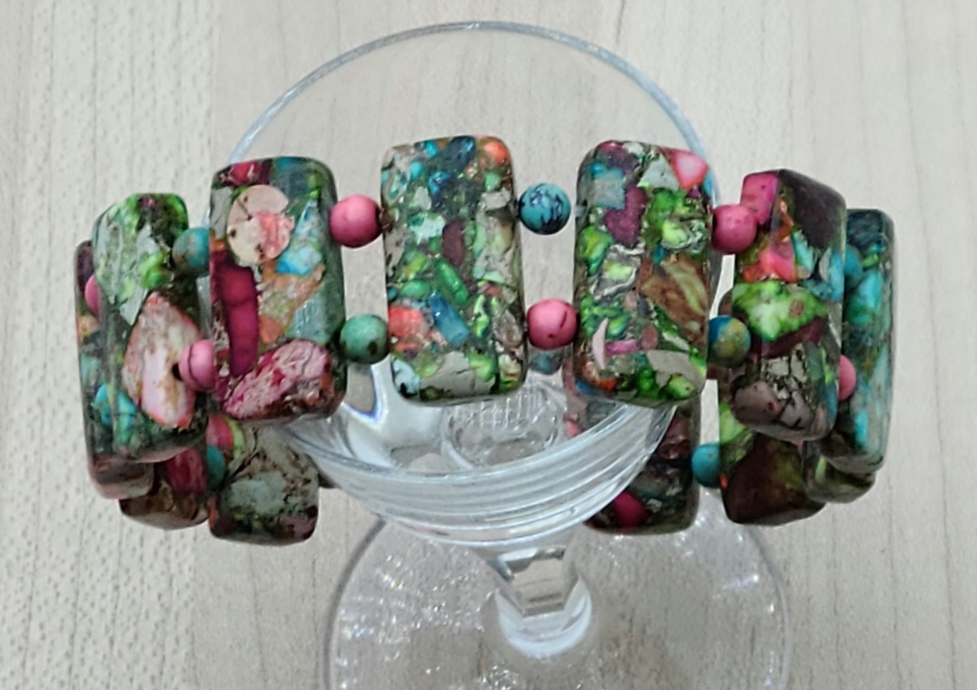 Colorful Variscite Double Drilled Bracelet with neodymium magnetic closure.
