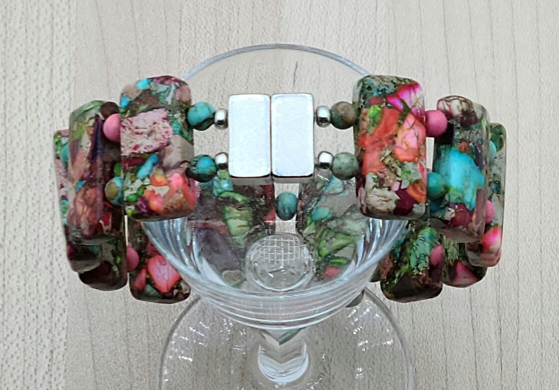 Colorful Variscite Double Drilled Bracelet with neodymium magnetic closure.