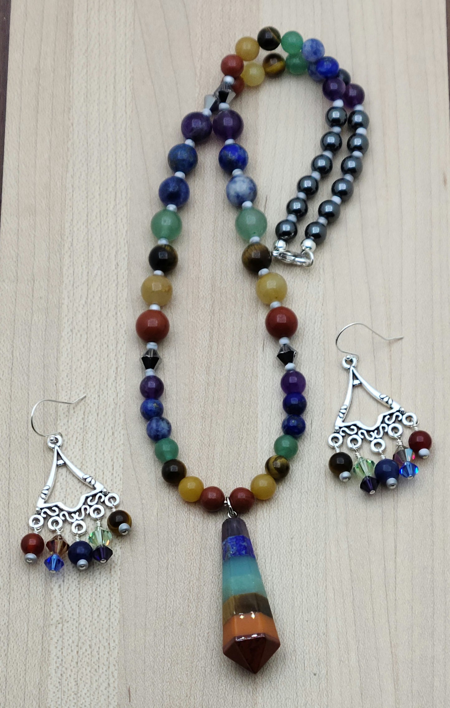 Chakra & Hematite Necklace with pendant & Chandelier Earrings