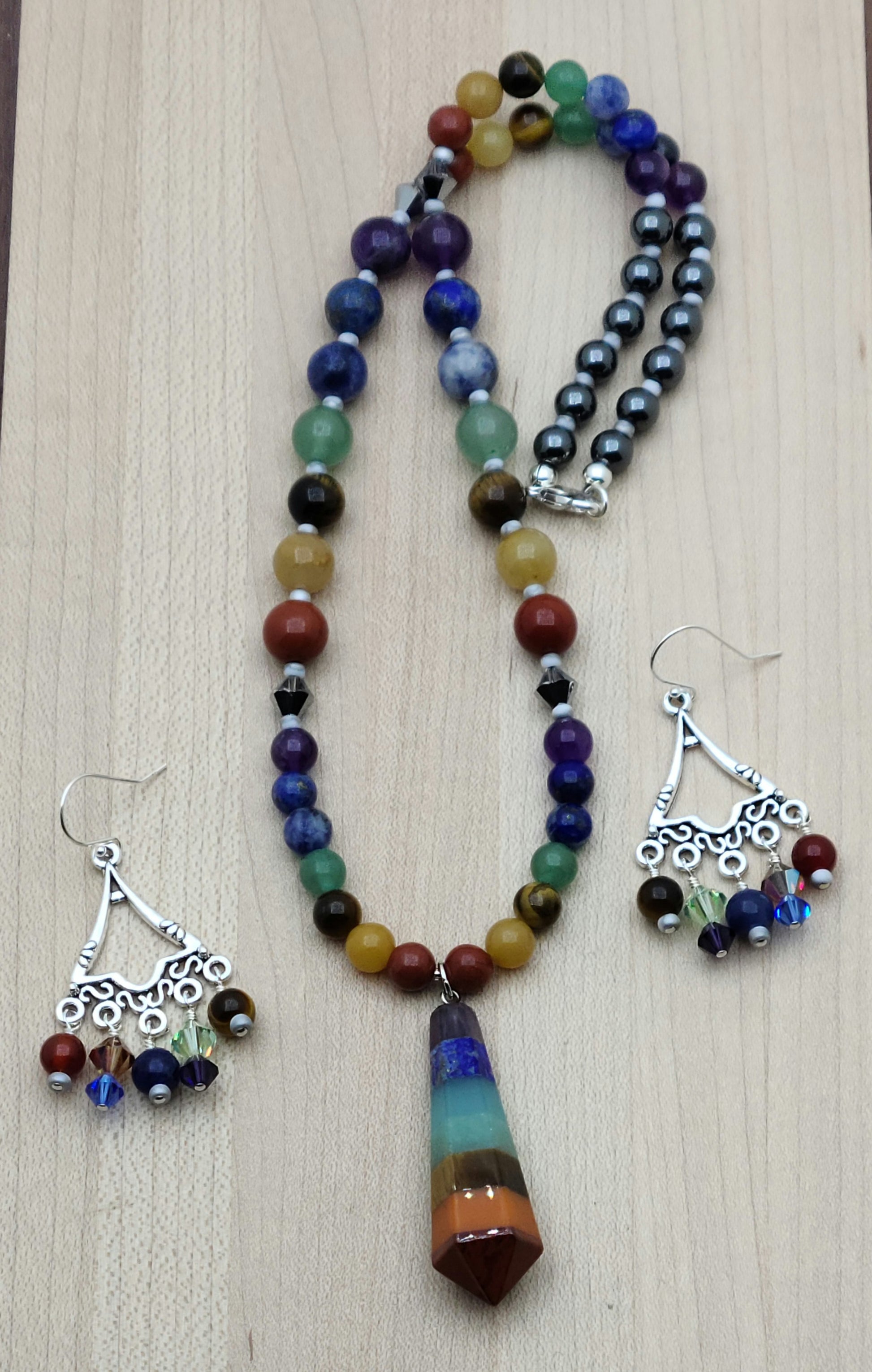 Chakra & Hematite Necklace with pendant & Chandelier Earrings
