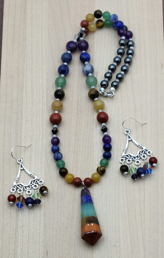 Chakra & Hematite Necklace with pendant & Chandelier Earrings