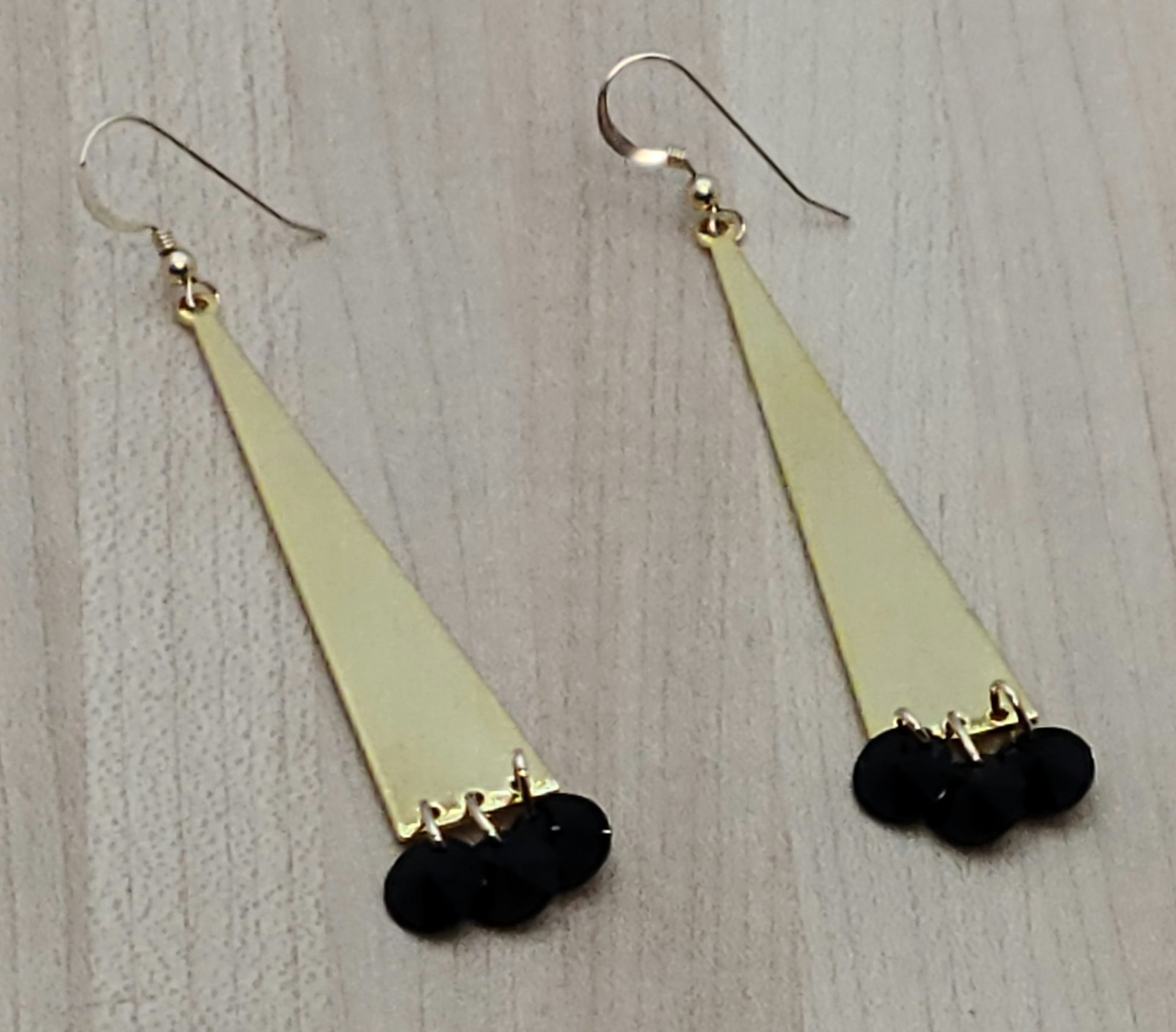 Long Triangle Golds Plated & Black Crystal Earrings
