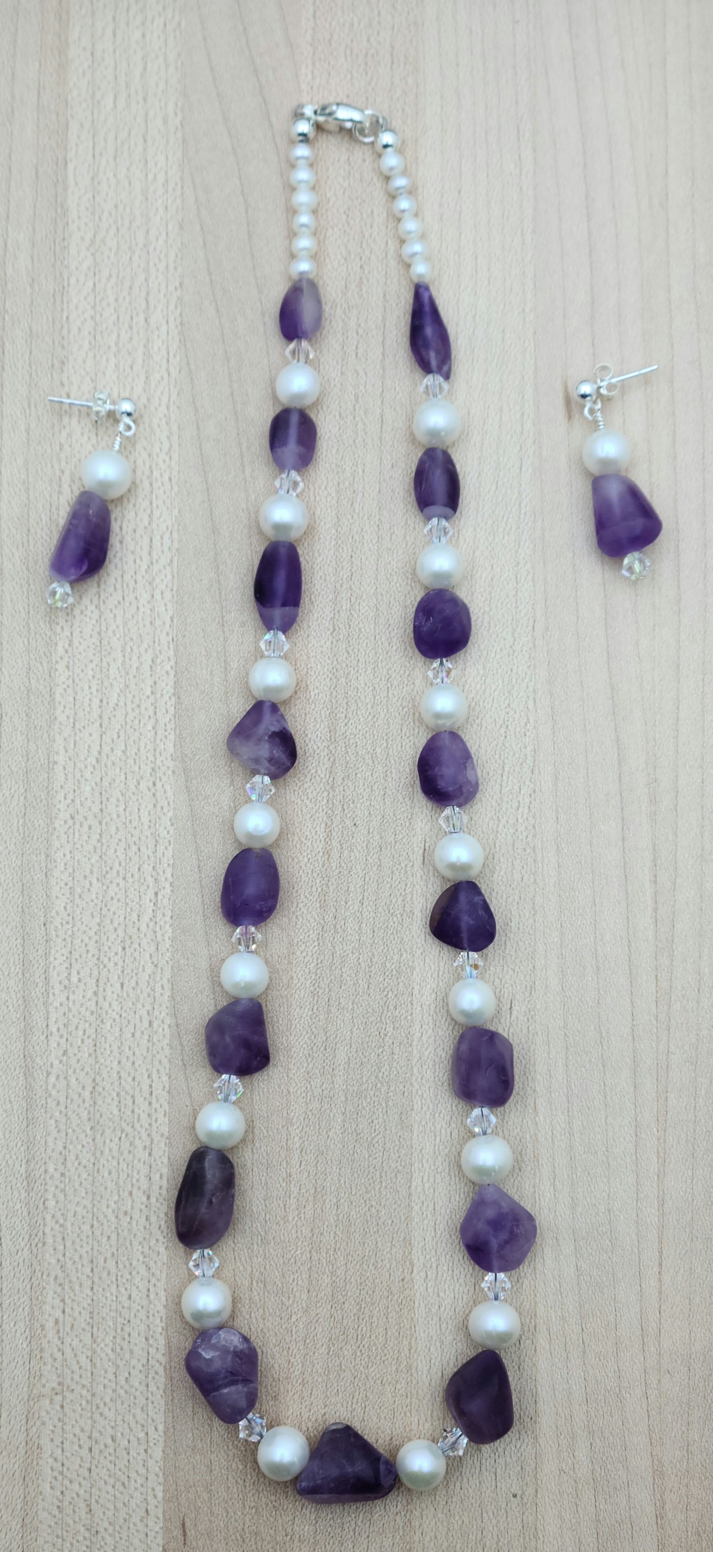 Matte Amethyst, White FW Pearls, and Crystal Necklace & Earrings