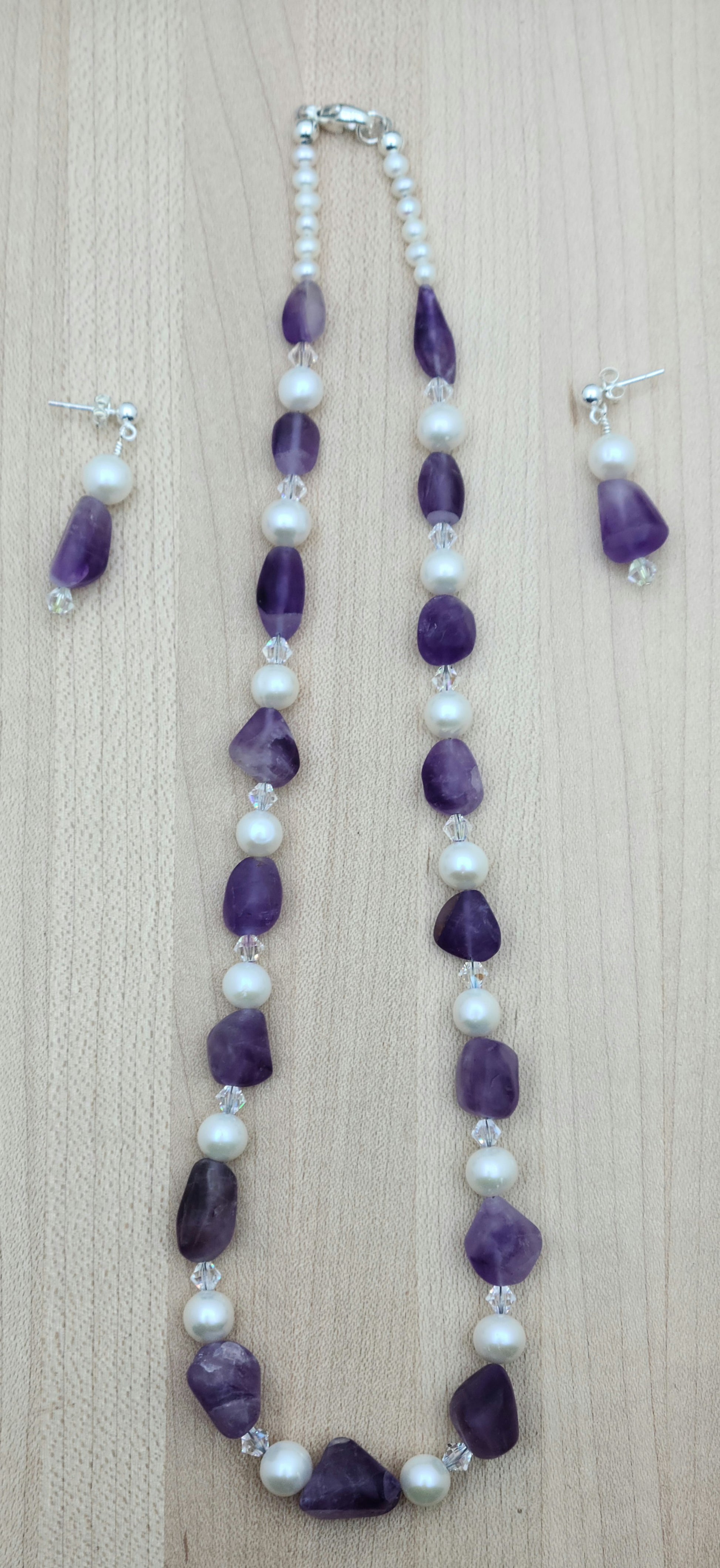 Matte Amethyst, White FW Pearls, and Crystal Necklace & Earrings