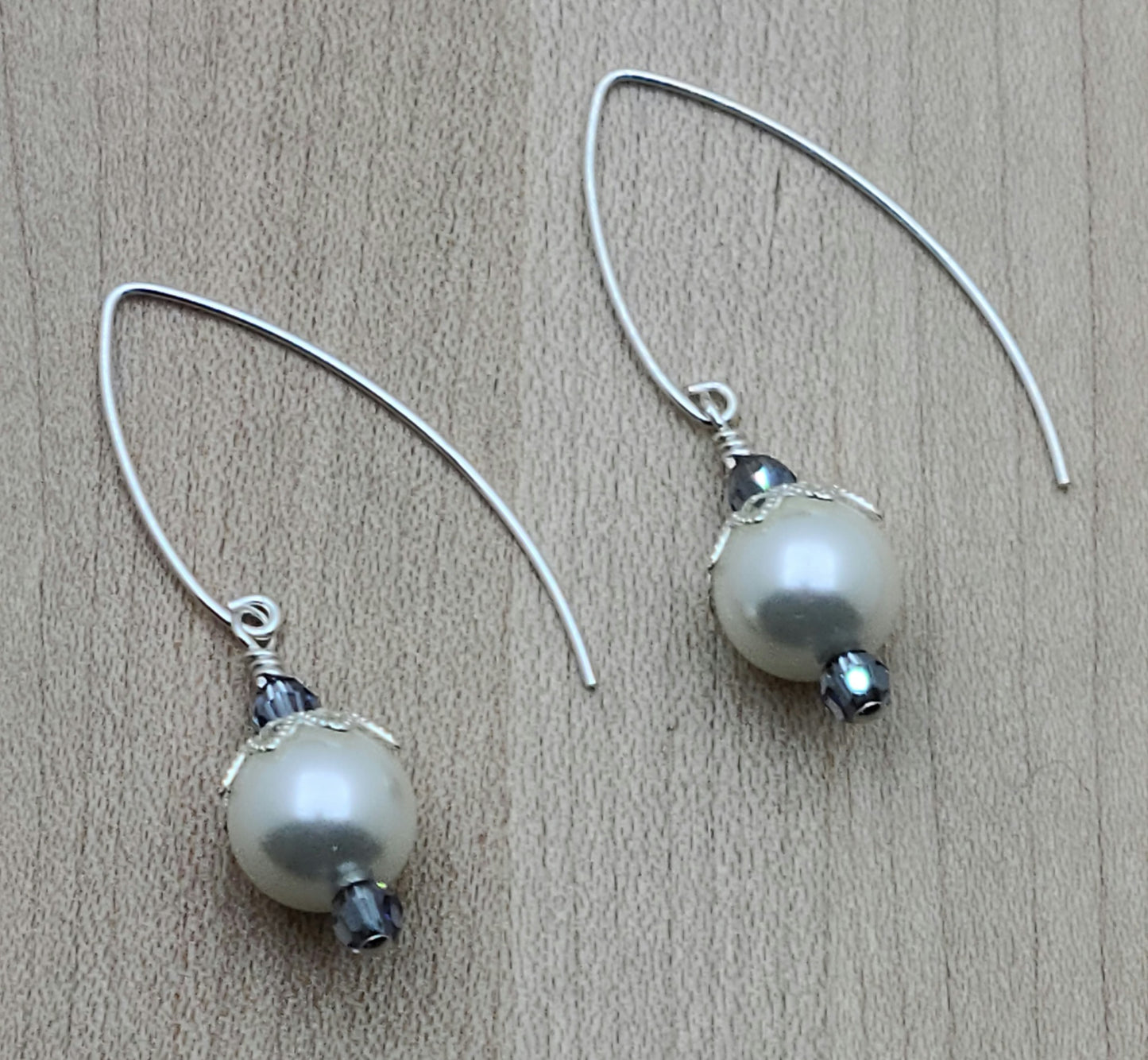 white shell pearl & sapphire crystal long fish hook earrings