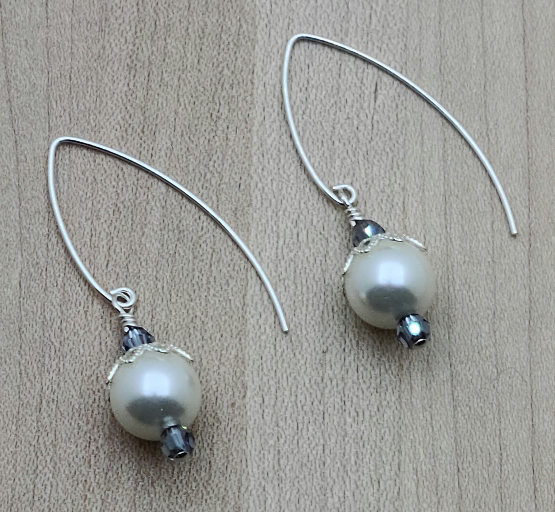 white shell pearl & sapphire crystal long fish hook earrings