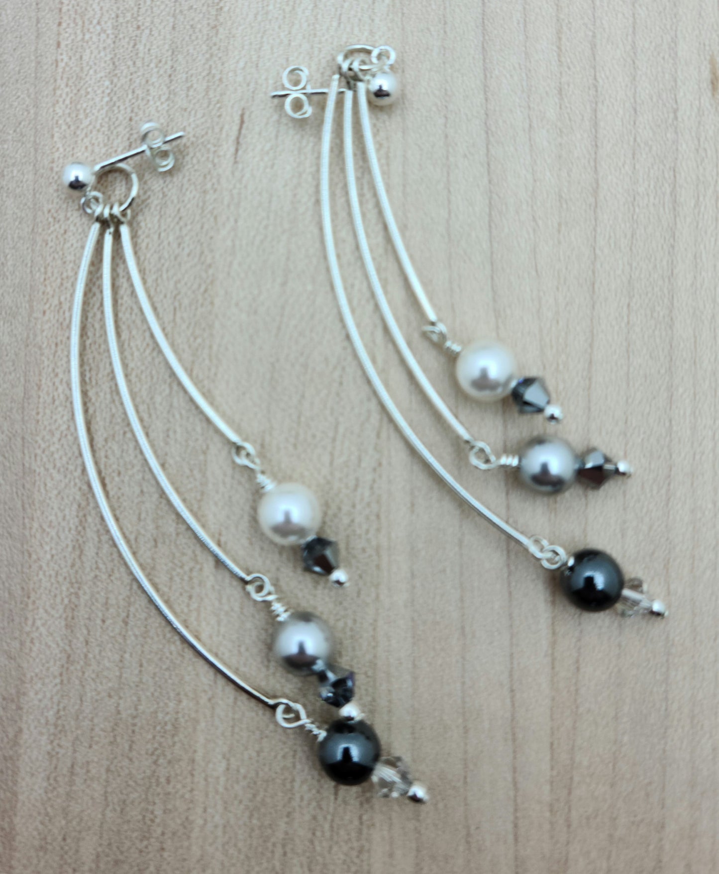 silver & white crystal pearl, crystal, hematite, & sterling silver earrings - curved bars on ball post