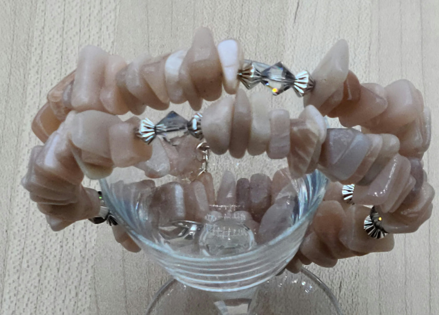 Memory Wire Peach Moonstone Bracelet with pewter beads & crystals