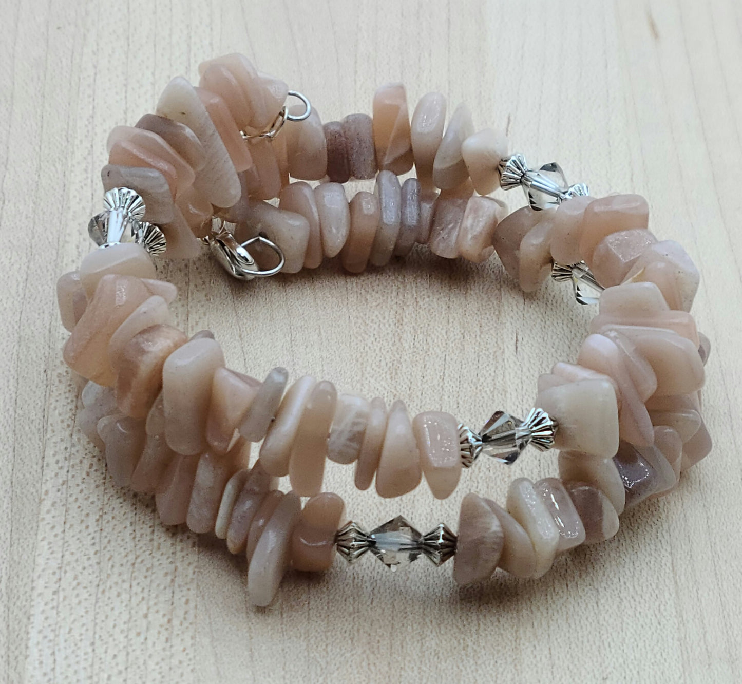 Memory Wire Peach Moonstone Bracelet with pewter beads & crystals