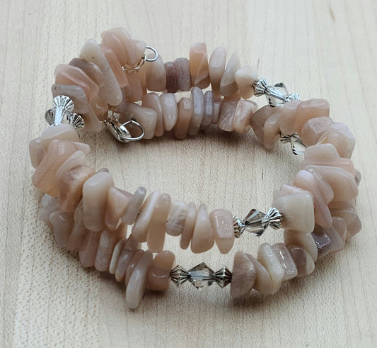 Memory Wire Peach Moonstone Bracelet with pewter beads & crystals