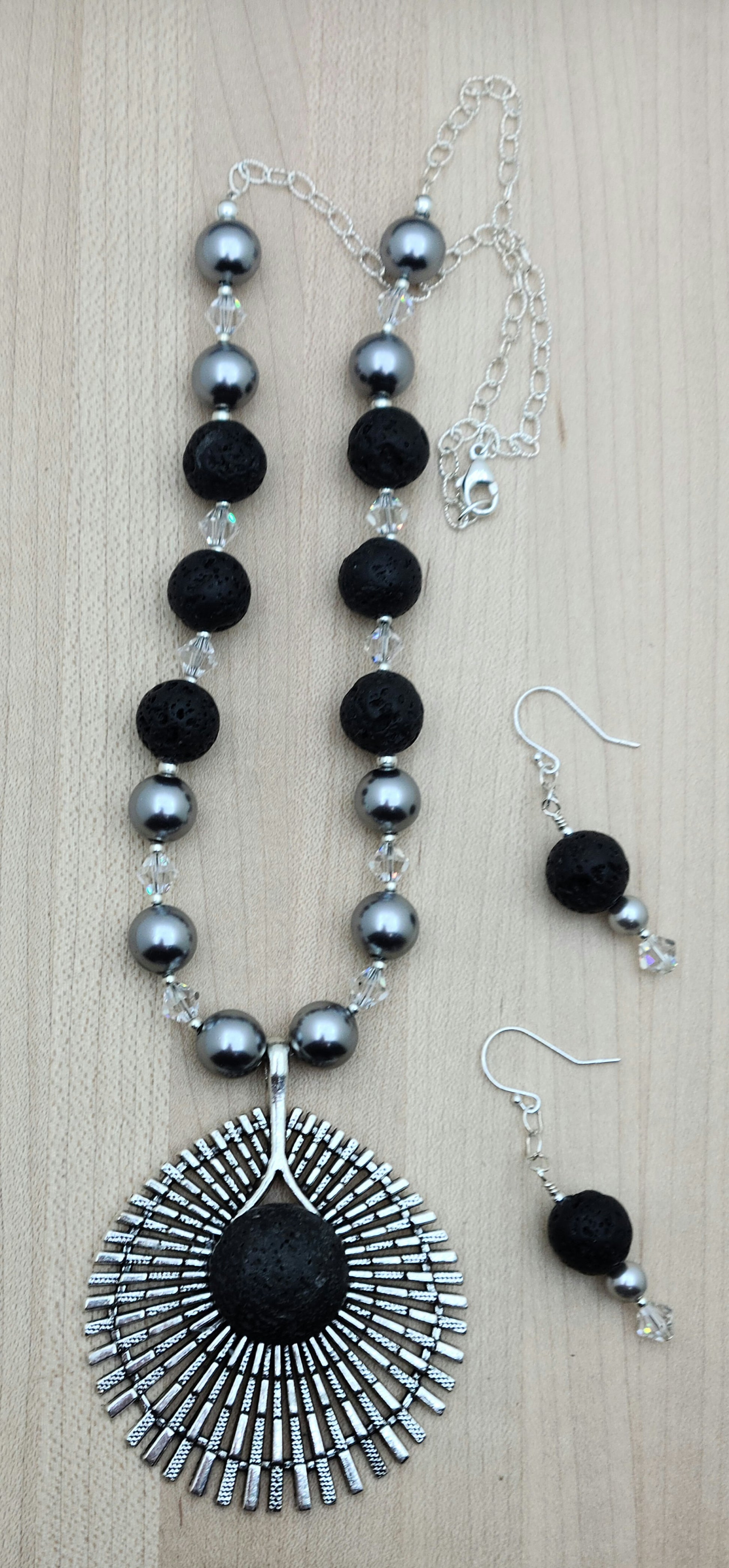 Lava Stone Pendant, lava stones, shell pearls, & crystals Necklace & Earrings