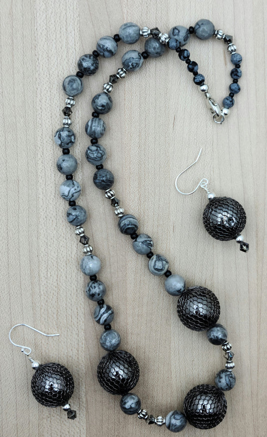 Vintage Gunmetal Grey Caged Beads & Black Crazy Lace Agate Necklace & Earrings