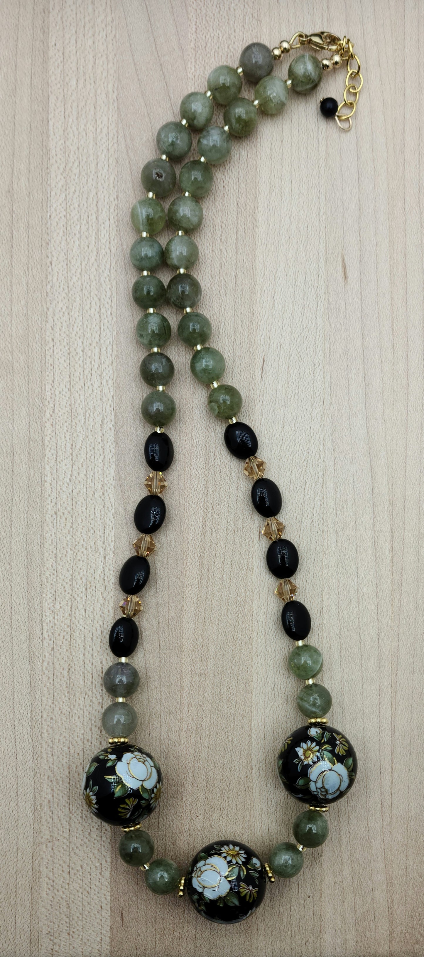 Japanese Tensha & Sage Green Garnet Necklace & Earrings with black onyx & topaz crystals