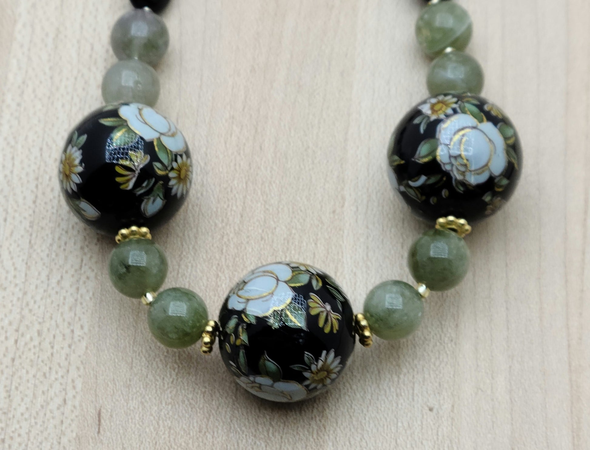 Japanese Tensha & Sage Green Garnet Necklace & Earrings with black onyx & topaz crystals
