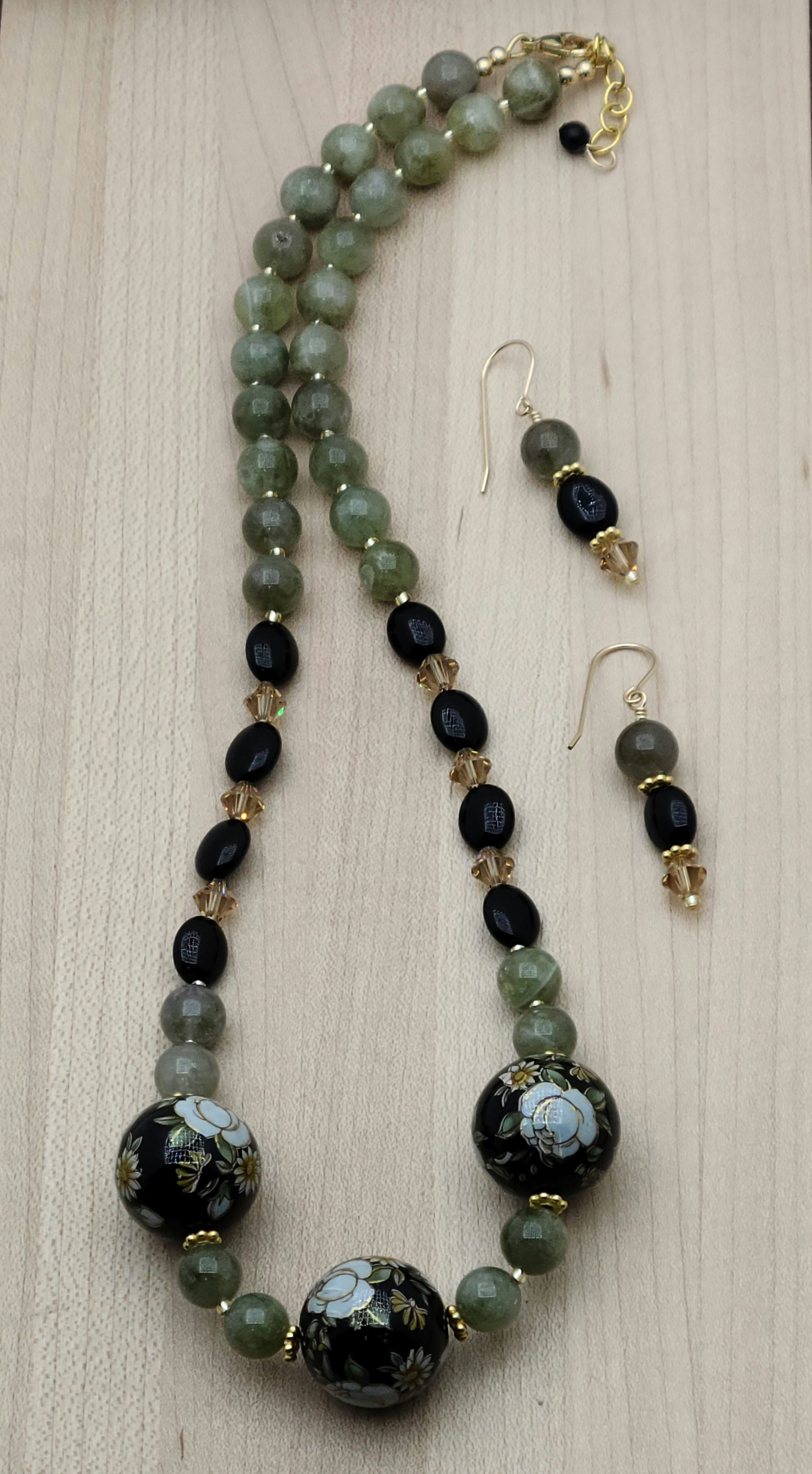 Japanese Tensha & Sage Green Garnet Necklace & Earrings with black onyx & topaz crystals