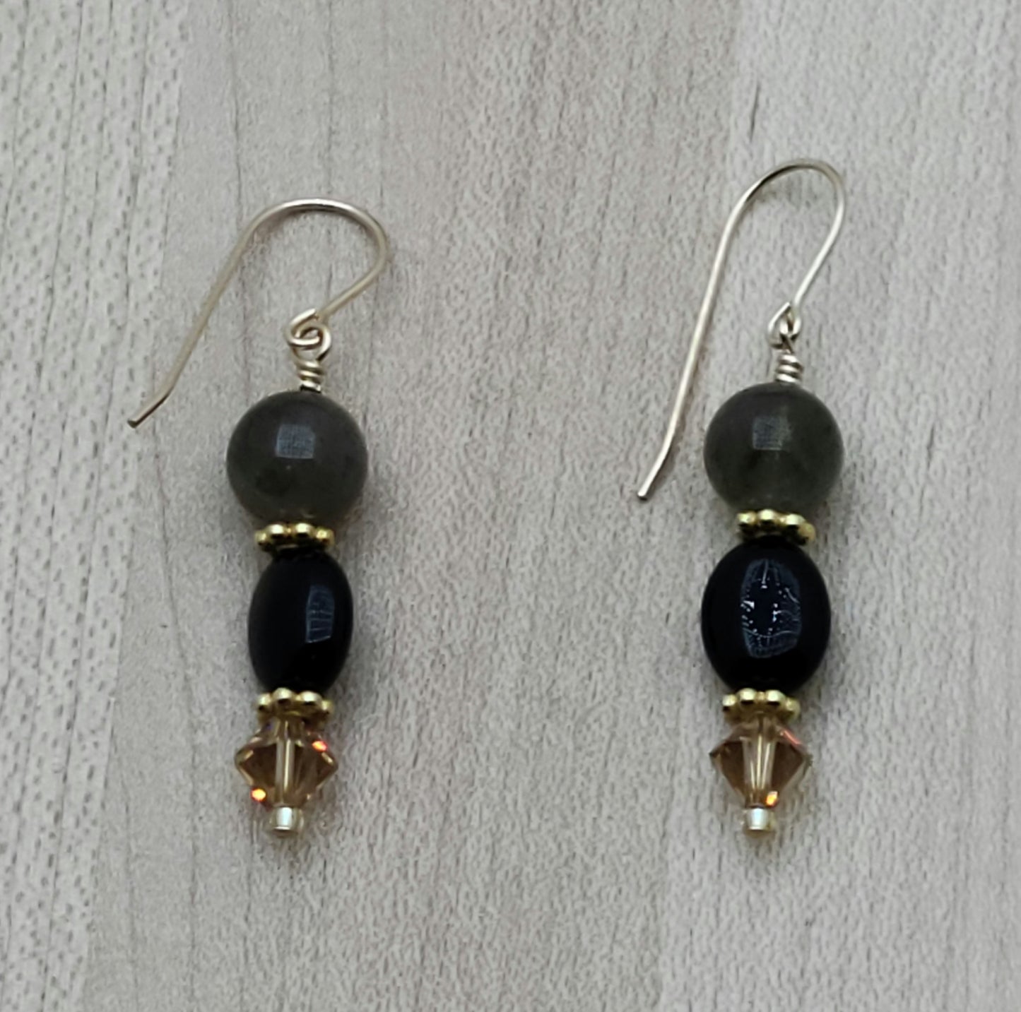 green garnet, black onyx, topaz crystals, & gold accent earrings on gold fill fish hook ear wires