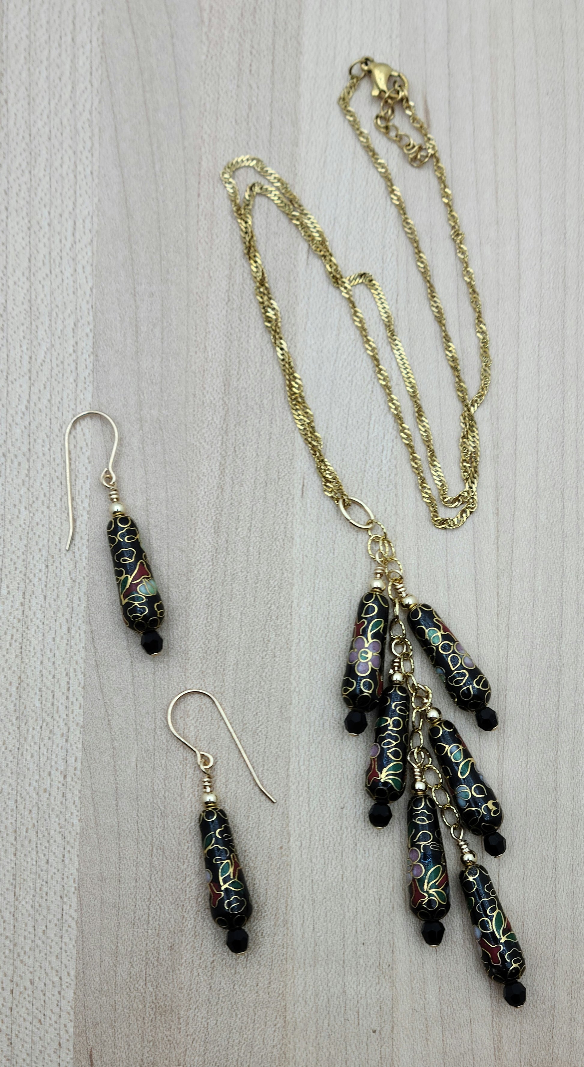 Delicate pink flowers, light green leaves, &amp; gold vines adorn these vintage cloisonne teardrop beads to which I added tiny crystals* They are perfect for a cascading "Y" necklace!